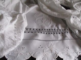 Stunning Antique French Pure Linen Trousseau Sheet.  Scalloped Return,  Embroidery 12