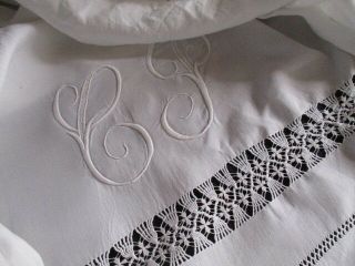 Stunning Antique French Pure Linen Trousseau Sheet.  Scalloped Return,  Embroidery