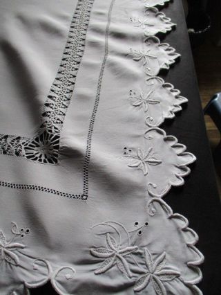 Stunning Antique French Pure Linen Trousseau Sheet.  Scalloped Return,  Embroidery 5