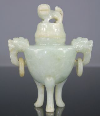 Antique Chinese Jade Jadeite Green White Censer Incense Burner Carved Qing 19th