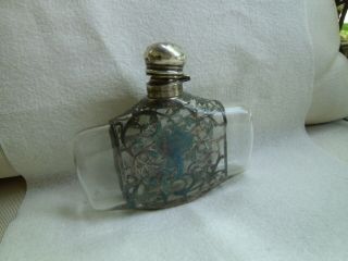 Unusual Design Antique Victorian Flask Sterling Silver Overlay Hip Flask Glass