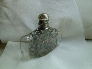 Unusual Design Antique Victorian Flask Sterling Silver Overlay Hip Flask Glass 9