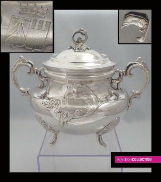 Antique 1890s French Sterling Silver Sugar Bowl Rococo Coat Of Arms 17.  65 Troyoz