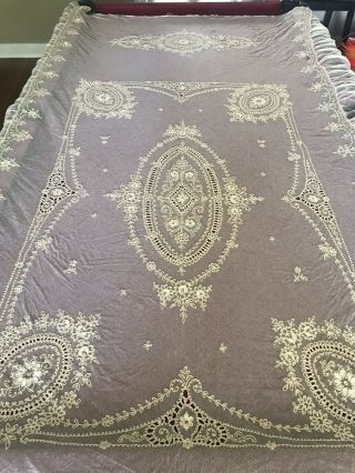 Antique Vintage Embroidered Tambour Net Lace Bed Cover Bedspread