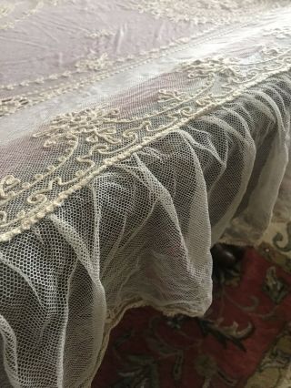 Antique Vintage embroidered Tambour Net Lace Bed Cover Bedspread 5