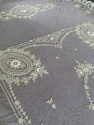 Antique Vintage embroidered Tambour Net Lace Bed Cover Bedspread 7