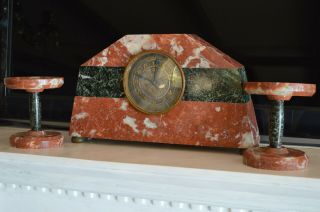 Antique Art Deco Red Marble Mantel Clock With Pair Candelabras Circa 1930