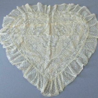 Vintage French Normandy Lace Pillow Cover Heart Shape 24 " Embroidered Flowers