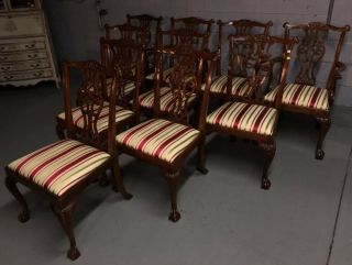 baker inlaid mahogany dining set table and 10 Chippendale chairs 10