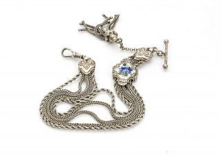 Antiquevictorian Silver Albertina Watch Chain Bracelet Engraved Enamel Slider