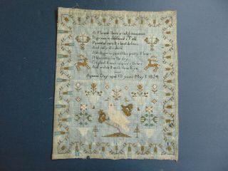 Antique Folk Art Schoolgirl Sampler By Agness Day Aged 10 Years May 1,  1824