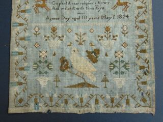 ANTIQUE FOLK ART SCHOOLGIRL SAMPLER by AGNESS DAY AGED 10 YEARS MAY 1,  1824 2