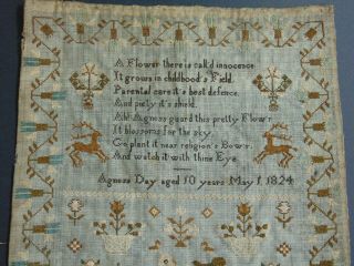 ANTIQUE FOLK ART SCHOOLGIRL SAMPLER by AGNESS DAY AGED 10 YEARS MAY 1,  1824 3