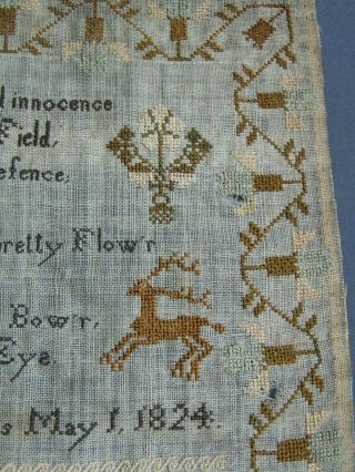 ANTIQUE FOLK ART SCHOOLGIRL SAMPLER by AGNESS DAY AGED 10 YEARS MAY 1,  1824 5