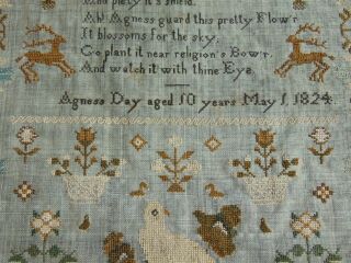 ANTIQUE FOLK ART SCHOOLGIRL SAMPLER by AGNESS DAY AGED 10 YEARS MAY 1,  1824 6
