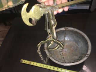 Heavy Large Antique Brass Hanging Balance Scale w/ Copper Pan 12