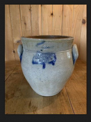 Antique 1800s Stoneware Crock Cobalt Blue Handles 2 Gallon Ohio Nr