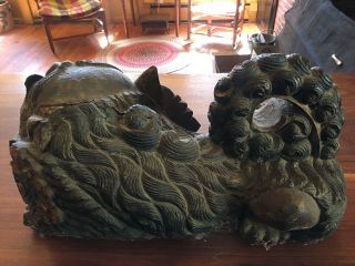 ANTIQUE 22” HAND CARVED LARGE CHINESE WOODEN FOO FU DOG LION 5