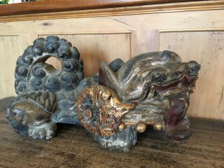 ANTIQUE 22” HAND CARVED LARGE CHINESE WOODEN FOO FU DOG LION 6