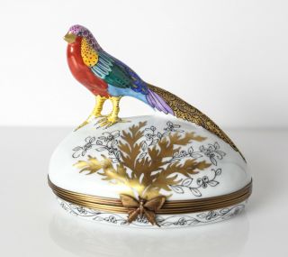Vintage Site Corot Limoges Porcelain Trinket Box,  Egg Form With Fanciful Bird