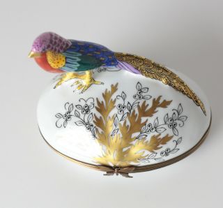 Vintage Site Corot Limoges Porcelain Trinket Box,  egg form with fanciful bird 3