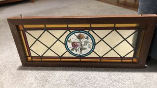 Antique Leaded Stained Glass Window With Wood Frame 34 By 14.  5 Inch