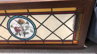 ANTIQUE LEADED STAINED GLASS WINDOW with WOOD FRAME 34 By 14.  5 Inch 6