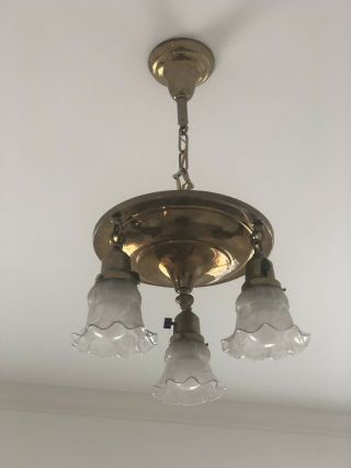 Antique Brass 10s 20s 3 Light Pan Ceiling Hanging Chandelier Arts Crafts