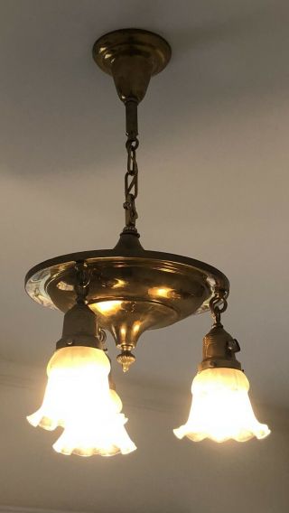 Antique Brass 10s 20s 3 Light Pan Ceiling Hanging Chandelier Arts Crafts 2