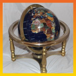 Blue Precious Stone Gem World Globe Atlas Polished Brass Metal Brass And Compass