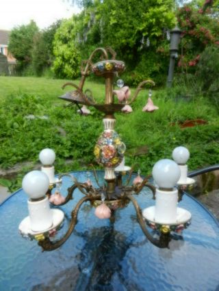 Vintage Italian Capodimonte Style Brass And Ceramic 5 Branch Chandelier Ceiling