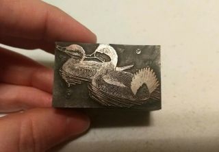 Vintage Letterpress Printing Block Ducks In Water Birds