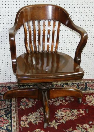 Antique American Carved Mahogany Roll Top Office Swivel Desk Chair Circa 1920