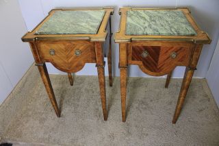 1940s French Louis Xvi Satinwood & Rosewood Nightstands / Side Tables Marble Top