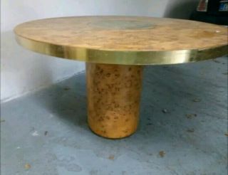 Mid Century Round Dining Table By Willy Rizzo Burl Amboyna & Brass Italy 1970s