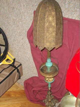 Rare Antique Pedestal Floor Lamp With Mediterranean Brass Style Shade & Accents