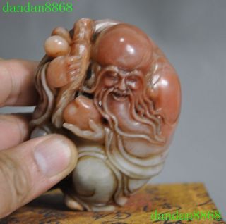 Old Chinese Natural Shoushan Stone Hand carved peach Longevity Life god statue 11