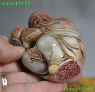 Old Chinese Natural Shoushan Stone Hand carved peach Longevity Life god statue 12