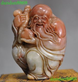 Old Chinese Natural Shoushan Stone Hand Carved Peach Longevity Life God Statue
