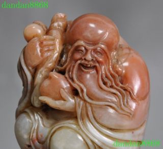Old Chinese Natural Shoushan Stone Hand carved peach Longevity Life god statue 2