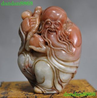 Old Chinese Natural Shoushan Stone Hand carved peach Longevity Life god statue 4