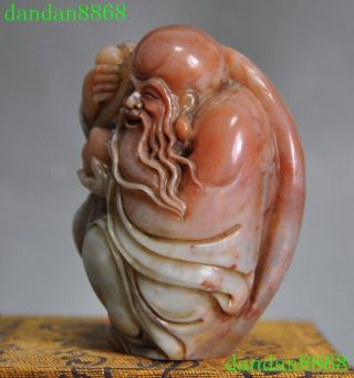 Old Chinese Natural Shoushan Stone Hand carved peach Longevity Life god statue 5