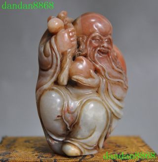 Old Chinese Natural Shoushan Stone Hand carved peach Longevity Life god statue 6