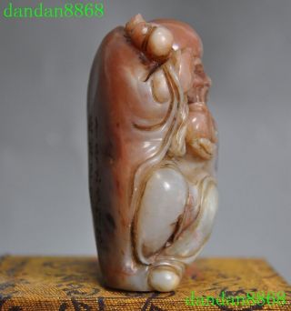 Old Chinese Natural Shoushan Stone Hand carved peach Longevity Life god statue 7