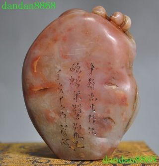 Old Chinese Natural Shoushan Stone Hand carved peach Longevity Life god statue 8
