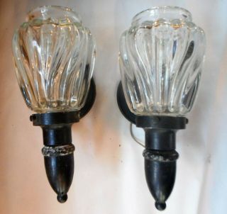 Pair Vintage Brass Art Nouveau Wall Sconces Ca 1940s With Heavy Glass Shade