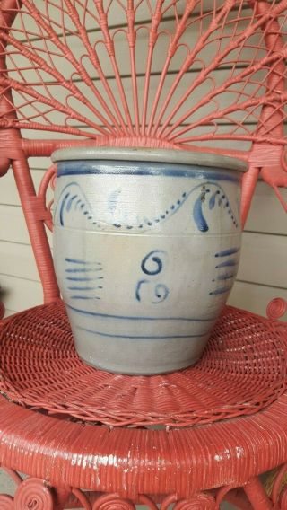 Antique Stoneware 2 Gallon Cream Jar Blue Cobalt Decorated