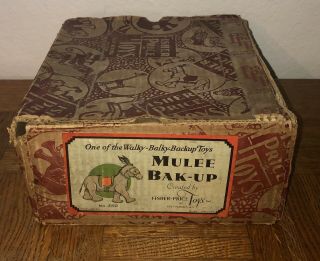Box Only 1931 Vntge Fisher Price Mulee Back Up Walky Balky Pull Toy Wind Up Key