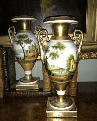 19th Century Antique Pair Old Paris Porcelain Pastoral Hand Painted Urns/ Vase
