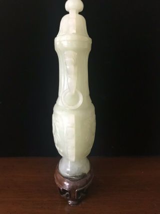 Antique Hand Carved Jade Double Dragon Vase Urn With Top And Stand 2